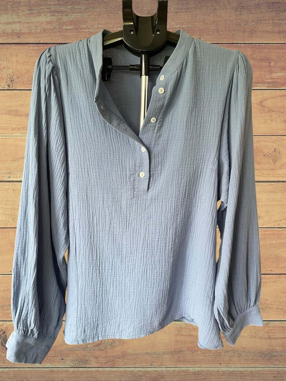 Gauze Cotton Balloon Sleeve Blouse Lagenlook Boho Coastal Top Blue Size L